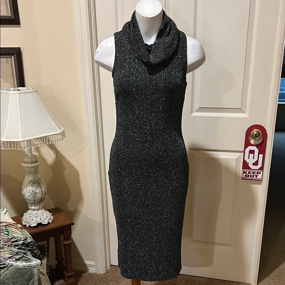 bebe Sparkling Black Midi Dress. Size Medium. Bodycon. Sleeveless. Turtleneck.